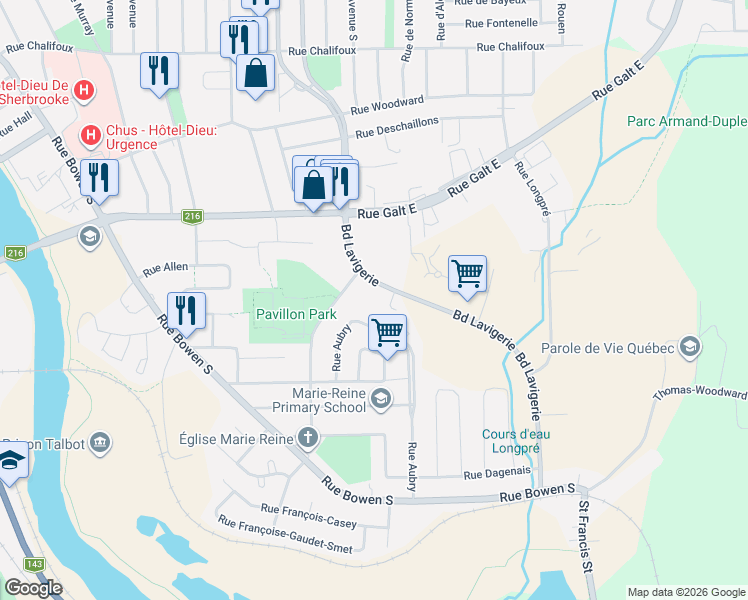 map of restaurants, bars, coffee shops, grocery stores, and more near Boulevard Lavigerie in Sherbrooke
