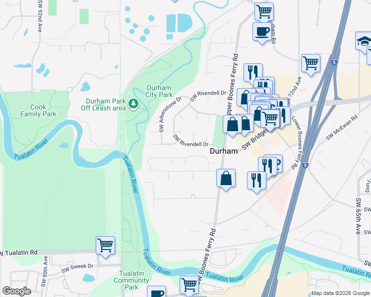 map of restaurants, bars, coffee shops, grocery stores, and more near 7890 Southwest Kingfisher Way in Portland