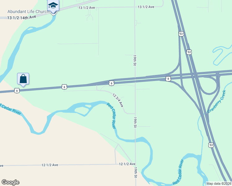 map of restaurants, bars, coffee shops, grocery stores, and more near 1882 12 3/4 Avenue in Cameron