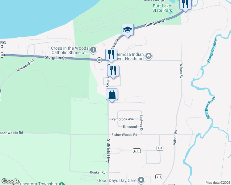 map of restaurants, bars, coffee shops, grocery stores, and more near 4761 South Straits Highway in Tuscarora Township