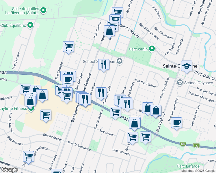 map of restaurants, bars, coffee shops, grocery stores, and more near 1700 Rue de l'École in Sainte-Catherine
