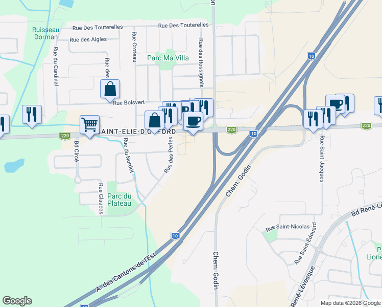 map of restaurants, bars, coffee shops, grocery stores, and more near Chemin de Saint-Élie in Sherbrooke