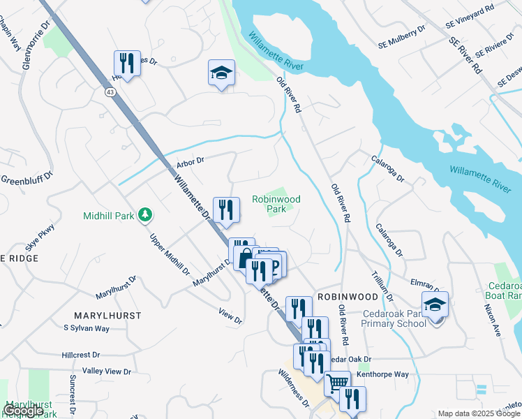 map of restaurants, bars, coffee shops, grocery stores, and more near 3689 Fairview Way in West Linn
