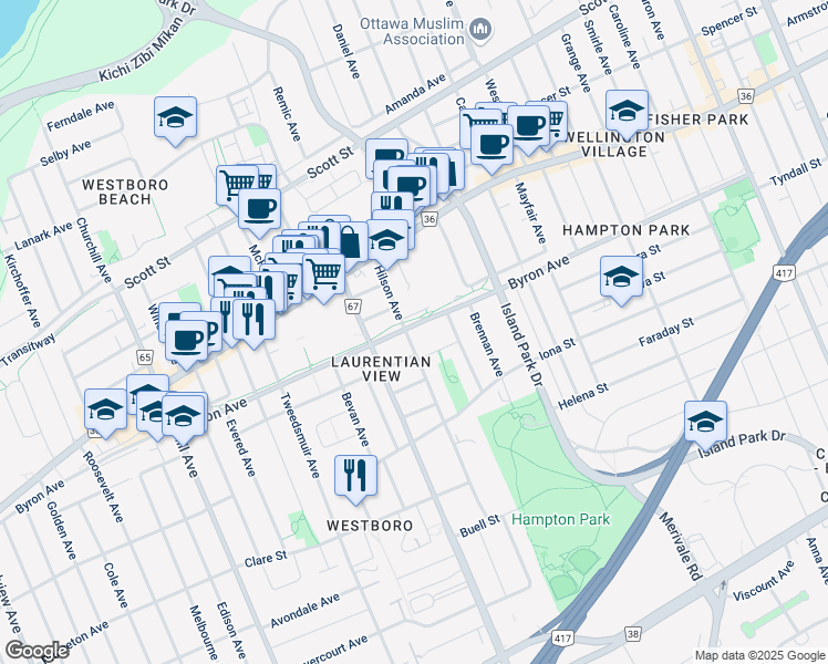 map of restaurants, bars, coffee shops, grocery stores, and more near in Ottawa