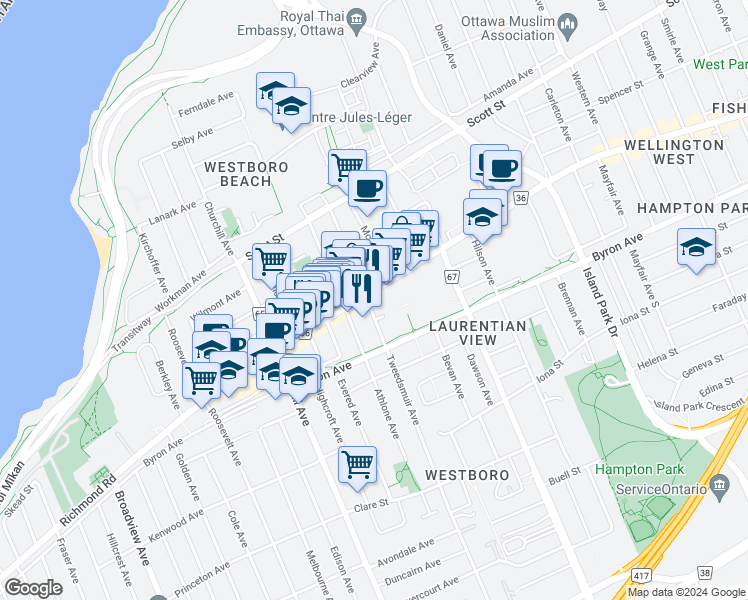 map of restaurants, bars, coffee shops, grocery stores, and more near in Ottawa