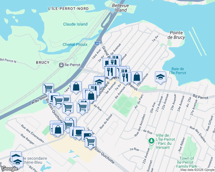 map of restaurants, bars, coffee shops, grocery stores, and more near 227 Grand Boulevard in L'Île-Perrot