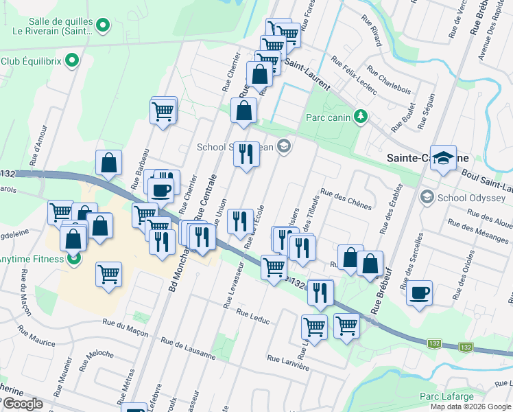 map of restaurants, bars, coffee shops, grocery stores, and more near 1700 Rue de l'École in Sainte-Catherine
