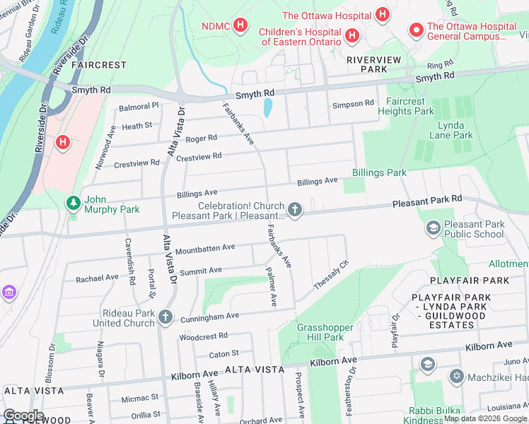 map of restaurants, bars, coffee shops, grocery stores, and more near 1986 Fairbanks Avenue in Ottawa