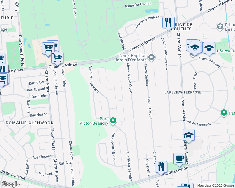 map of restaurants, bars, coffee shops, grocery stores, and more near 52 Rue Arthur-Quesnel in Gatineau