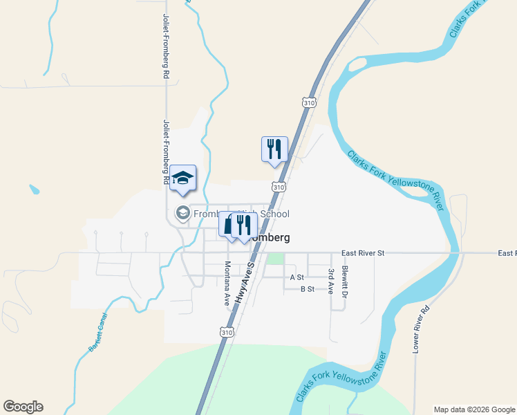 map of restaurants, bars, coffee shops, grocery stores, and more near 111-299 Harley Ave in Fromberg