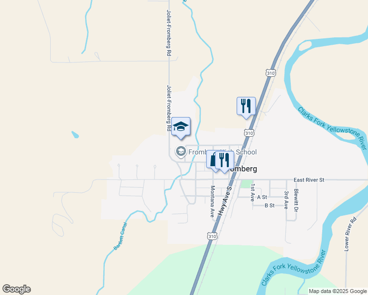 map of restaurants, bars, coffee shops, grocery stores, and more near 309 School Street in Fromberg