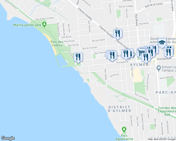 map of restaurants, bars, coffee shops, grocery stores, and more near 45 Rue Oscar-Guertin in Gatineau