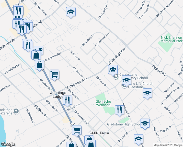 map of restaurants, bars, coffee shops, grocery stores, and more near 17873 Southeast Rose Street in Milwaukie