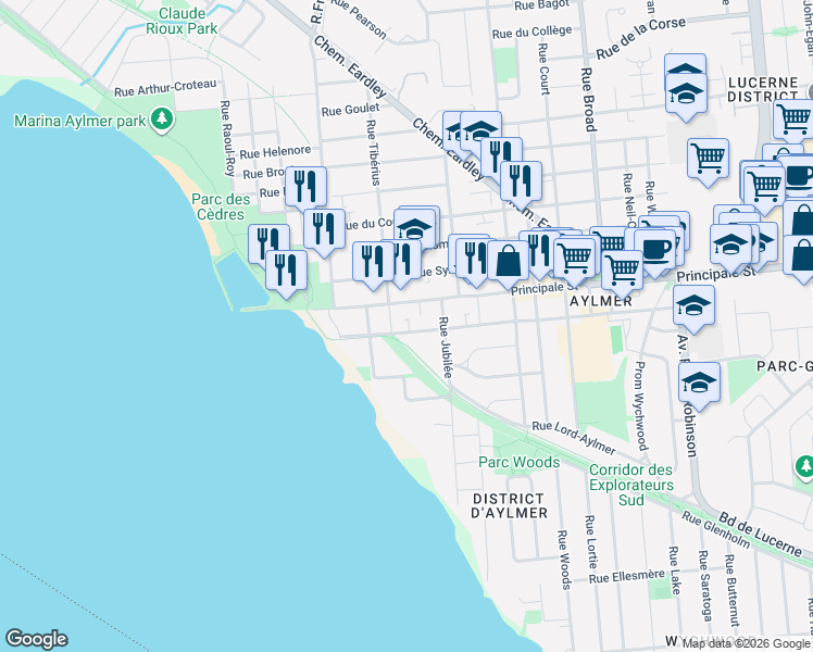 map of restaurants, bars, coffee shops, grocery stores, and more near 27 Rue du Patrimoine in Gatineau
