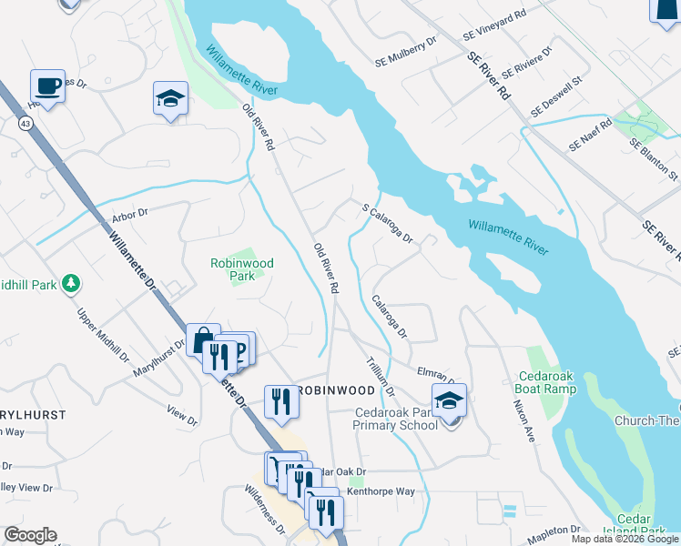 map of restaurants, bars, coffee shops, grocery stores, and more near 18888 Old River Road in West Linn