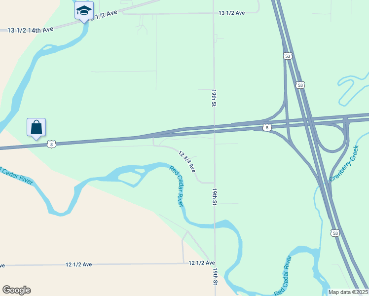 map of restaurants, bars, coffee shops, grocery stores, and more near 1882 12 3/4 Avenue in Cameron