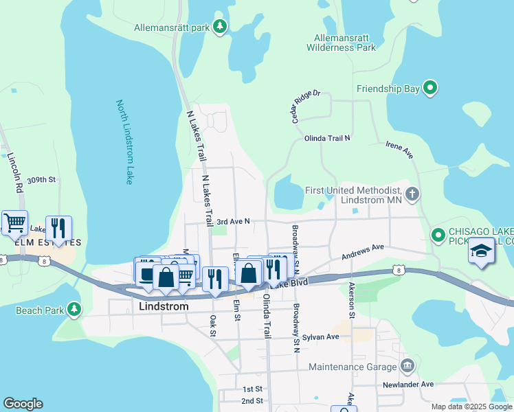 map of restaurants, bars, coffee shops, grocery stores, and more near 13085 North 4th Avenue in Lindstrom