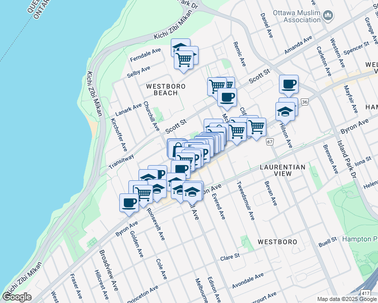 map of restaurants, bars, coffee shops, grocery stores, and more near 294 Elmgrove Avenue in Ottawa