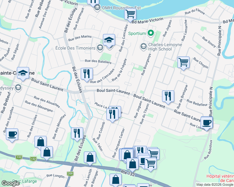 map of restaurants, bars, coffee shops, grocery stores, and more near 3725 Boulevard Saint-Laurent in Sainte-Catherine