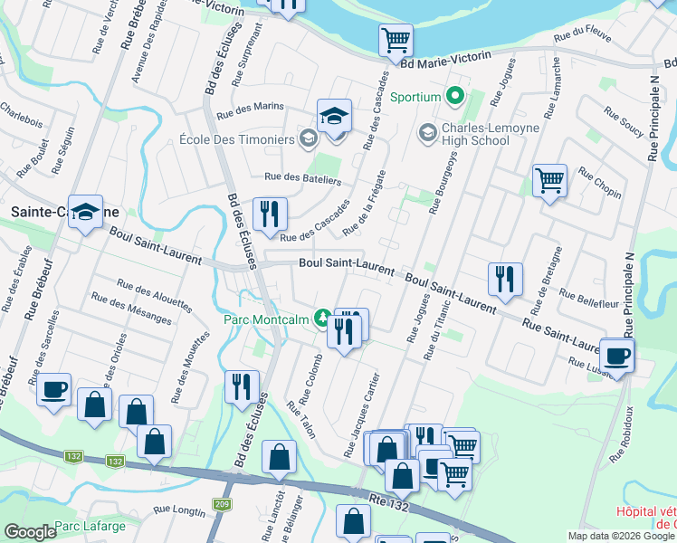 map of restaurants, bars, coffee shops, grocery stores, and more near 3785 Boulevard Saint-Laurent in Sainte-Catherine