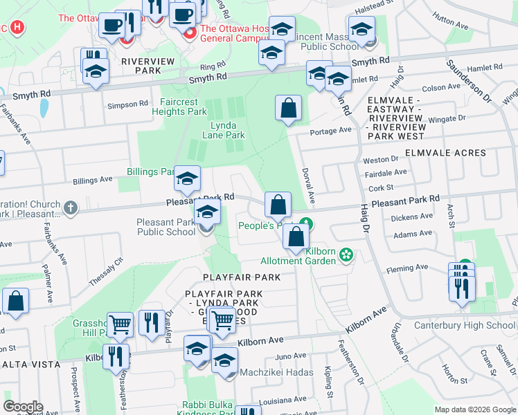 map of restaurants, bars, coffee shops, grocery stores, and more near in Ottawa