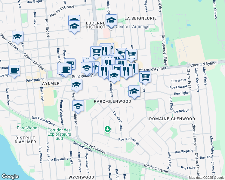 map of restaurants, bars, coffee shops, grocery stores, and more near 19 Rue Malbec in Gatineau