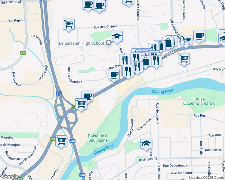 map of restaurants, bars, coffee shops, grocery stores, and more near 3181-3265 Rue King Ouest in Sherbrooke