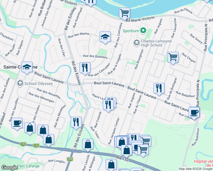 map of restaurants, bars, coffee shops, grocery stores, and more near 3785 Boulevard Saint-Laurent in Sainte-Catherine
