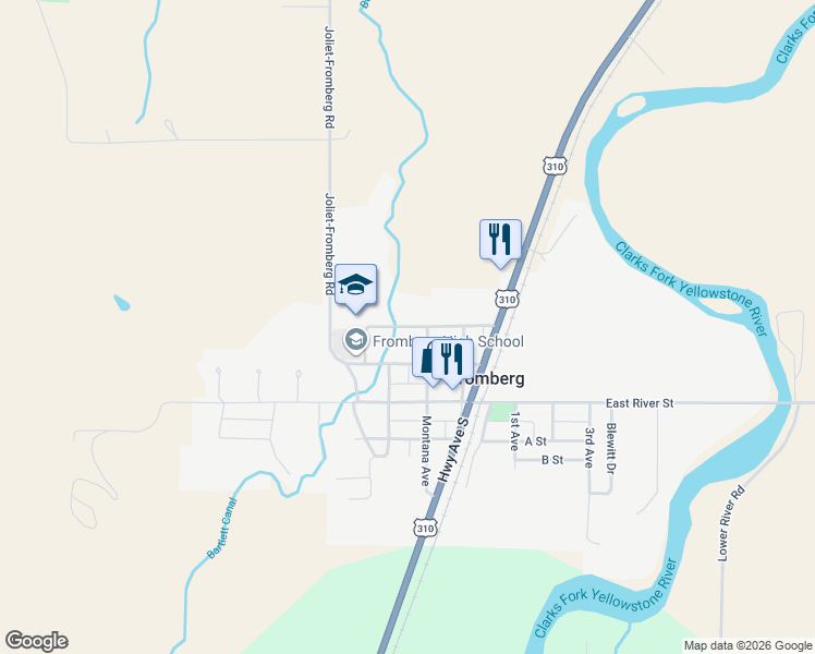 map of restaurants, bars, coffee shops, grocery stores, and more near 303 North St in Fromberg