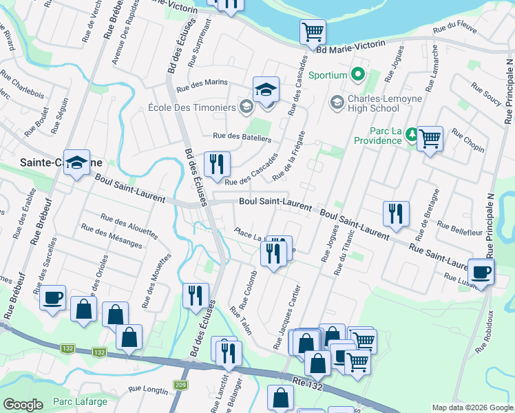 map of restaurants, bars, coffee shops, grocery stores, and more near 3895 Boulevard Saint-Laurent in Sainte-Catherine