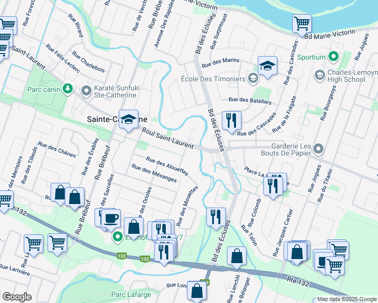 map of restaurants, bars, coffee shops, grocery stores, and more near 4385 Boulevard Saint-Laurent in Sainte-Catherine
