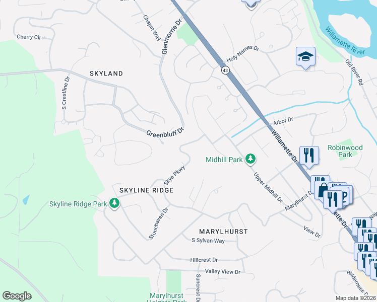 map of restaurants, bars, coffee shops, grocery stores, and more near 1373 Skye Parkway in West Linn