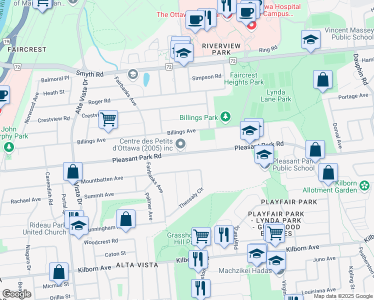 map of restaurants, bars, coffee shops, grocery stores, and more near 453 Pleasant Park Road in Ottawa