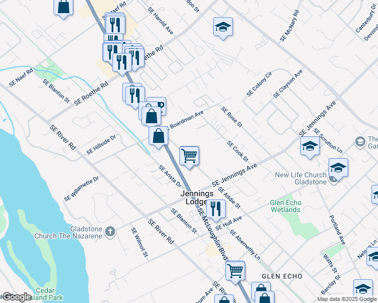 map of restaurants, bars, coffee shops, grocery stores, and more near Southeast Lucas Court in Portland