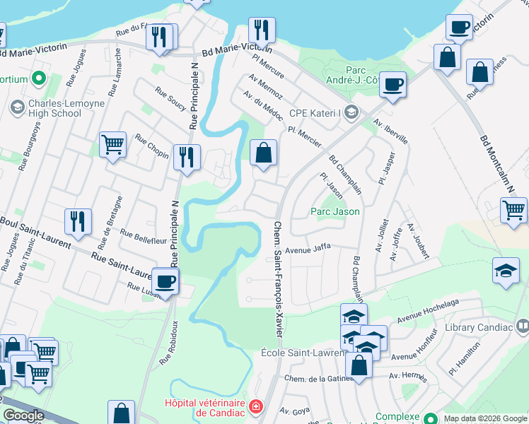 map of restaurants, bars, coffee shops, grocery stores, and more near 5 Rue du Maroc in Candiac