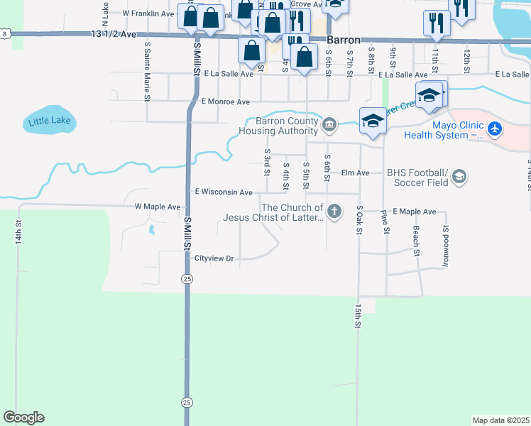map of restaurants, bars, coffee shops, grocery stores, and more near 302 East Wisconsin Avenue in Barron
