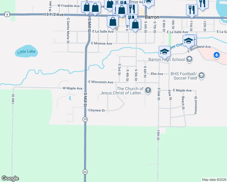 map of restaurants, bars, coffee shops, grocery stores, and more near 302 East Wisconsin Avenue in Barron