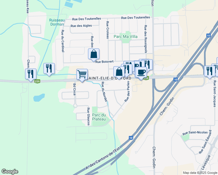 map of restaurants, bars, coffee shops, grocery stores, and more near 1092 Rue du Mistral in Sherbrooke