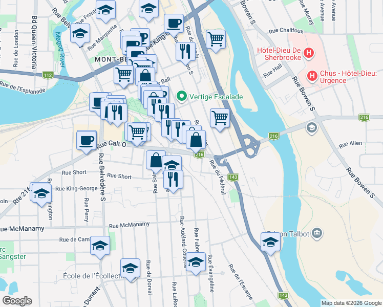 map of restaurants, bars, coffee shops, grocery stores, and more near 805 Rue Sainte-Marie in Sherbrooke
