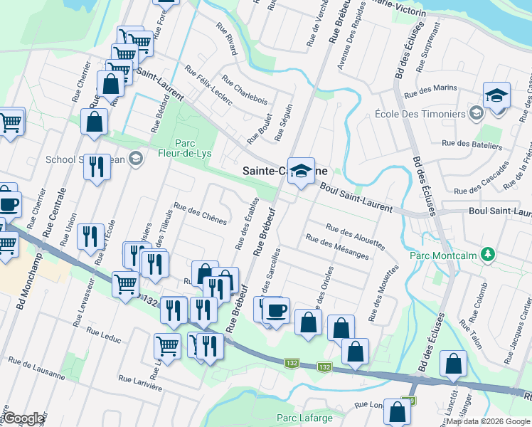 map of restaurants, bars, coffee shops, grocery stores, and more near 1100 Rue Brébeuf in Sainte-Catherine