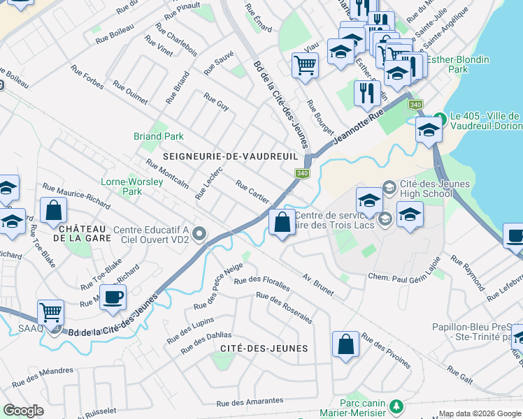 map of restaurants, bars, coffee shops, grocery stores, and more near 128 Boulevard de la Cité-des-Jeunes in Vaudreuil-Dorion