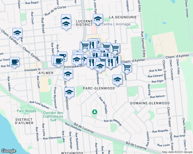 map of restaurants, bars, coffee shops, grocery stores, and more near 21 Rue du Malbec in Gatineau