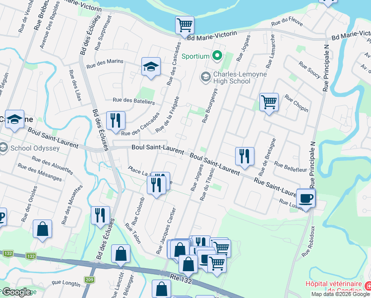 map of restaurants, bars, coffee shops, grocery stores, and more near 3660 Boulevard Saint-Laurent in Sainte-Catherine