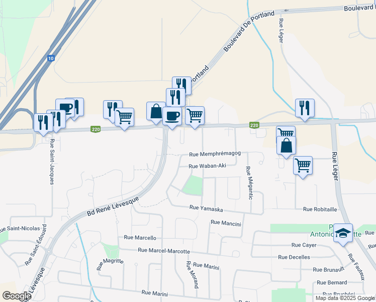 map of restaurants, bars, coffee shops, grocery stores, and more near 4775 Rue Memphrémagog in Sherbrooke