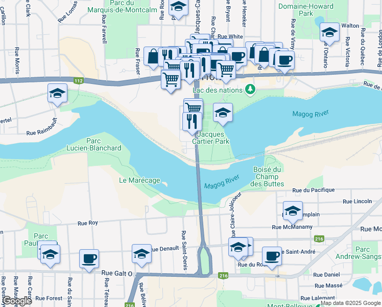 map of restaurants, bars, coffee shops, grocery stores, and more near 325 Boulevard Jacques-Cartier Sud in Sherbrooke