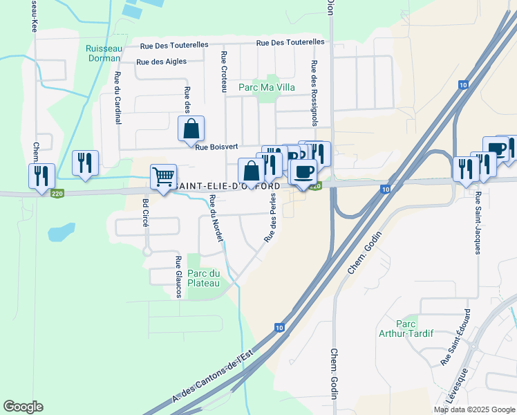 map of restaurants, bars, coffee shops, grocery stores, and more near 1036 Rue du Mistral in Sherbrooke