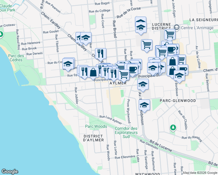 map of restaurants, bars, coffee shops, grocery stores, and more near Rue Court in Gatineau