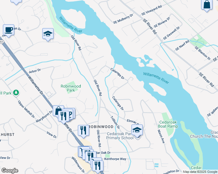 map of restaurants, bars, coffee shops, grocery stores, and more near 3777 Parkwood Way in West Linn