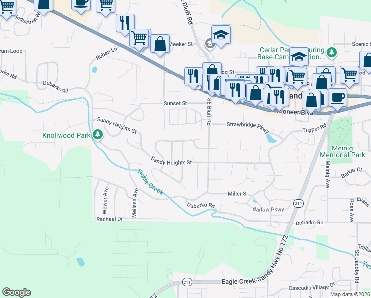 map of restaurants, bars, coffee shops, grocery stores, and more near 17816 Southeast Sue Lane in Sandy