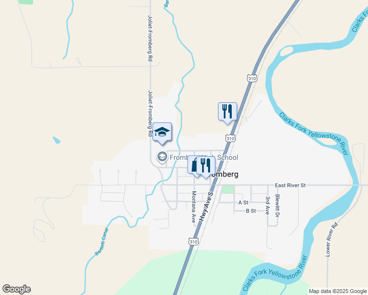 map of restaurants, bars, coffee shops, grocery stores, and more near 110 Montana Avenue in Fromberg